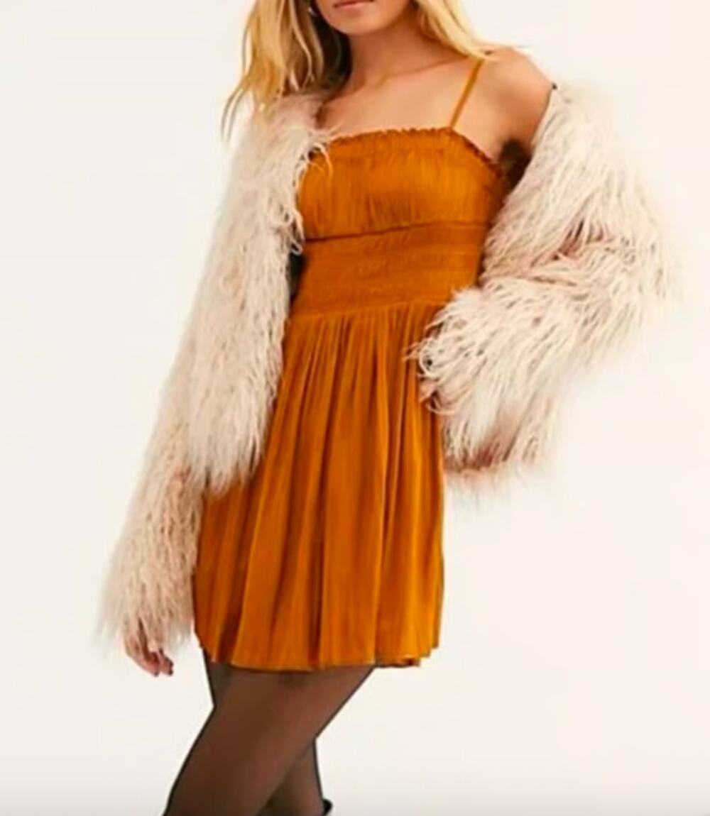 Free People Gold Satin Smocked Tie Back Spaghetti strap Mini Slip Dress Small